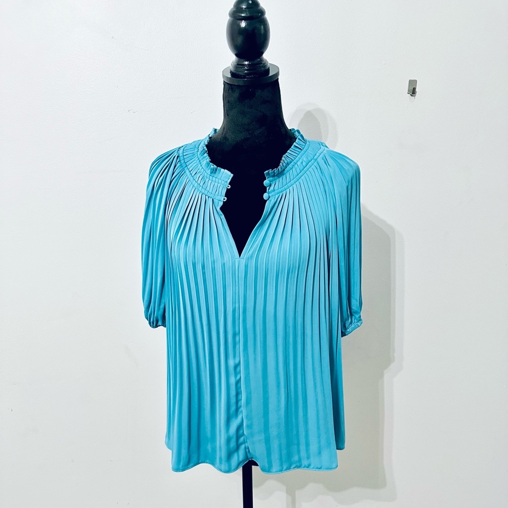 CURRENT AIR - Pleated Ruffle Neck Blouse (Sea Blue, Size Large)